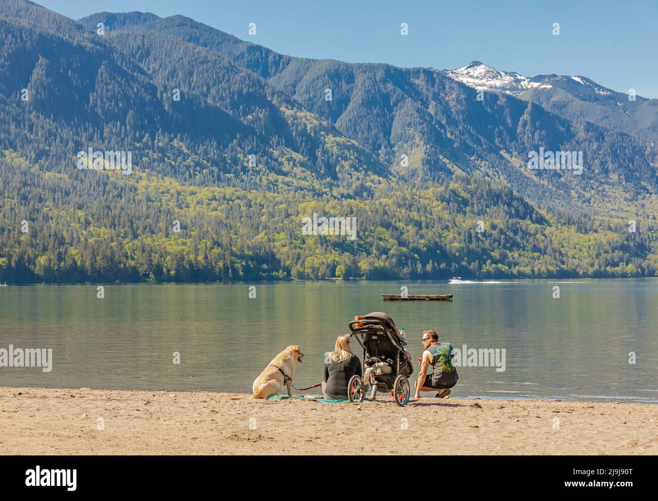 Famille de trois personnes assises sur la rive d'un lac en été et regardant la belle vue avec le chien. Vue arrière, photo de voyage, mise au point sélective - Mai Banque D'Images