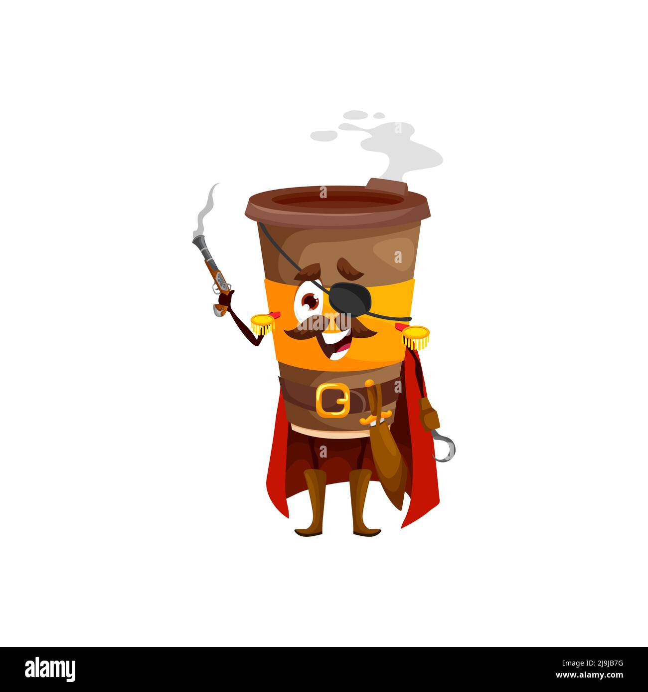 Personnage de pirate de café à emporter. Vector Cup of Hot Drink corsair  menu personnel. Carton mug porte cape, bretelles, crochet et patch oculaire  tenant pistolet. Drôle de personnage de boisson à