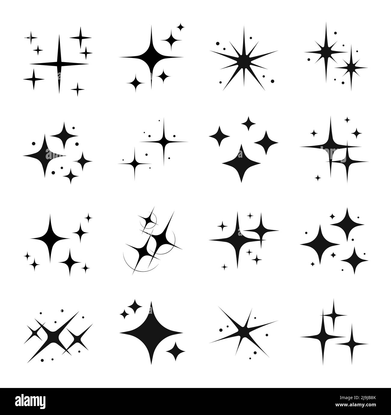 Silhouettes étoiles étincelantes et scintillantes, étoiles en rafale et noir flash. Ensemble vectoriel isolé de lumières brillantes et d'étincelles d'étoiles brillantes avec des rayons lumineux et un effet d'éclat. Peluche magique, paillettes brillantes Illustration de Vecteur