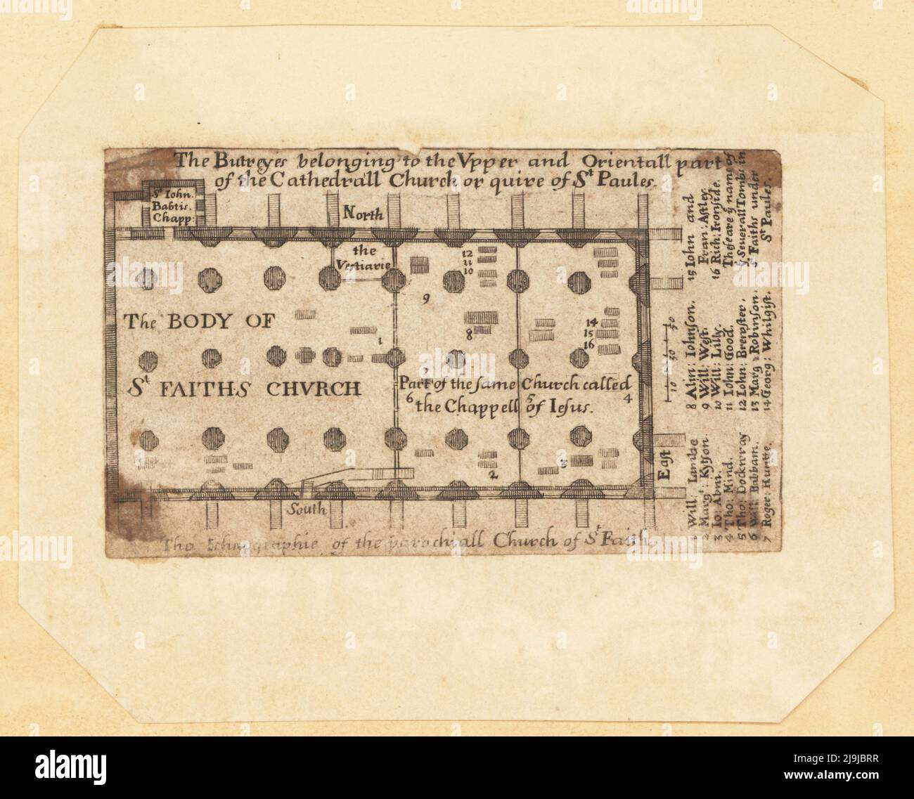 Plan de la crypte de la cathédrale Saint-Paul, Londres, 18th siècle. L'église de Saint-Faith et le Chappell de Jésus dans la crypte ont été utilisés par les stationers de Paternoster Row. Avec les tombes du marchand de tissus William Lambe (mort en 1580), Margaret Kytson (mort en 1567), le stationer Thomas Dockwray (mort en 1599), William Babbam (mort en 1577), Richard Ironside (mort en 1627), le Procureur des Arches Roger Huntte (mort en 1558), Margaret Robinson (mort en 1560), George Whitgift (mort en 1611), John et Francis Astley, Fils de Sir John Astley, Maître des Revels, etc. Gravure de Copperplate d'une source inconnue datant du 18th siècle. Banque D'Images