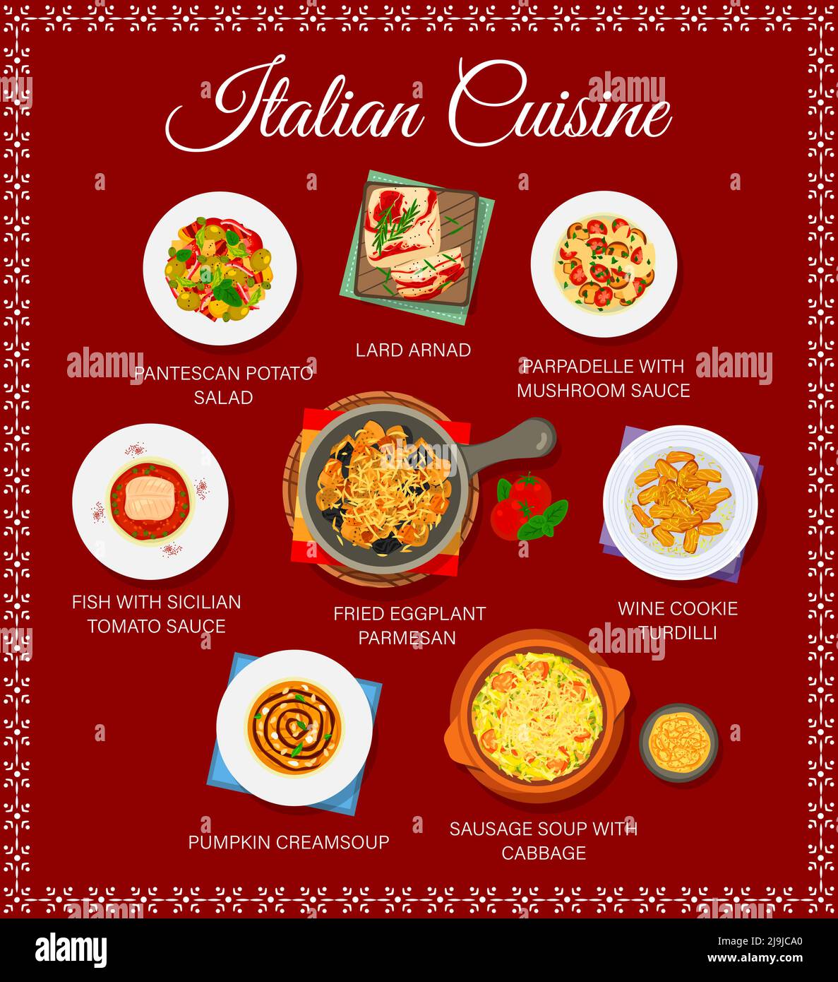 Cuisine italienne, restaurant italien, plats traditionnels, affiche vectorielle. Pâtes italiennes pappardelle et cuisine sicilienne poisson avec sauce tomate, salade de pommes de terre Pantescan et plat arnad de lard Illustration de Vecteur