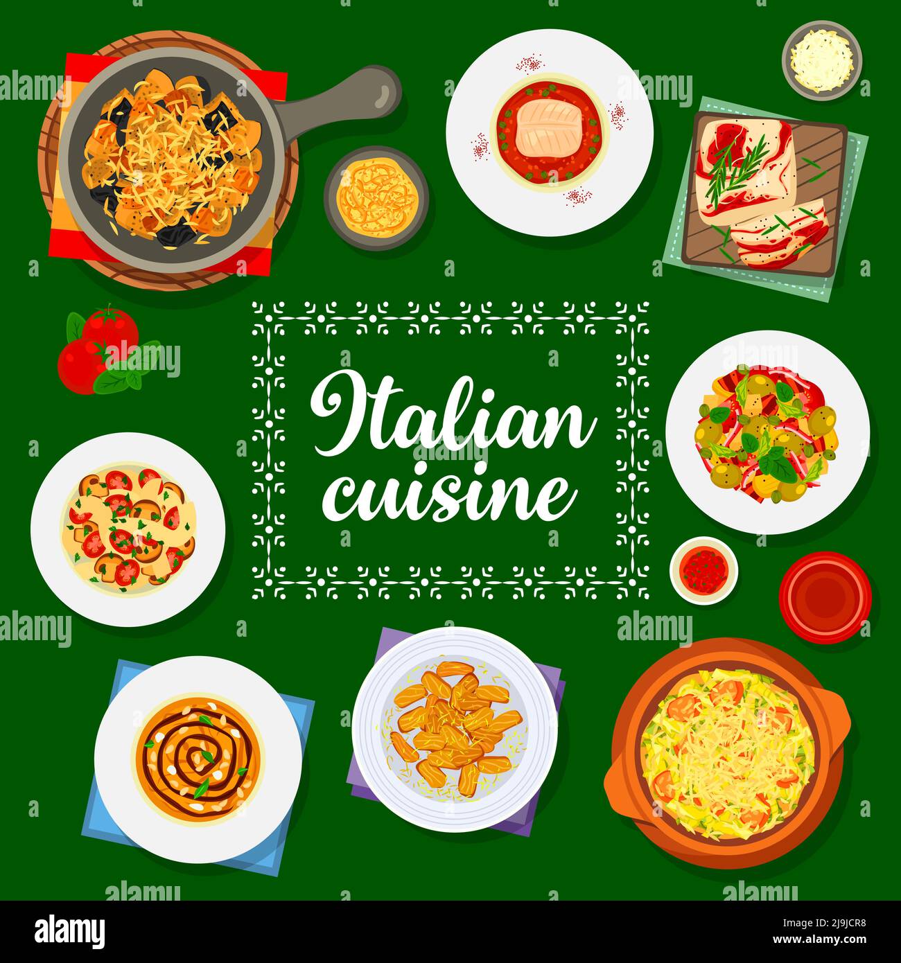 Cuisine italienne couverture du menu, plats italiens et repas traditionnels, Vector. Cuisine italienne, pâtes au fromage, cuisine sicilienne et cuisine européenne méditerranéenne, plats authentiques Illustration de Vecteur