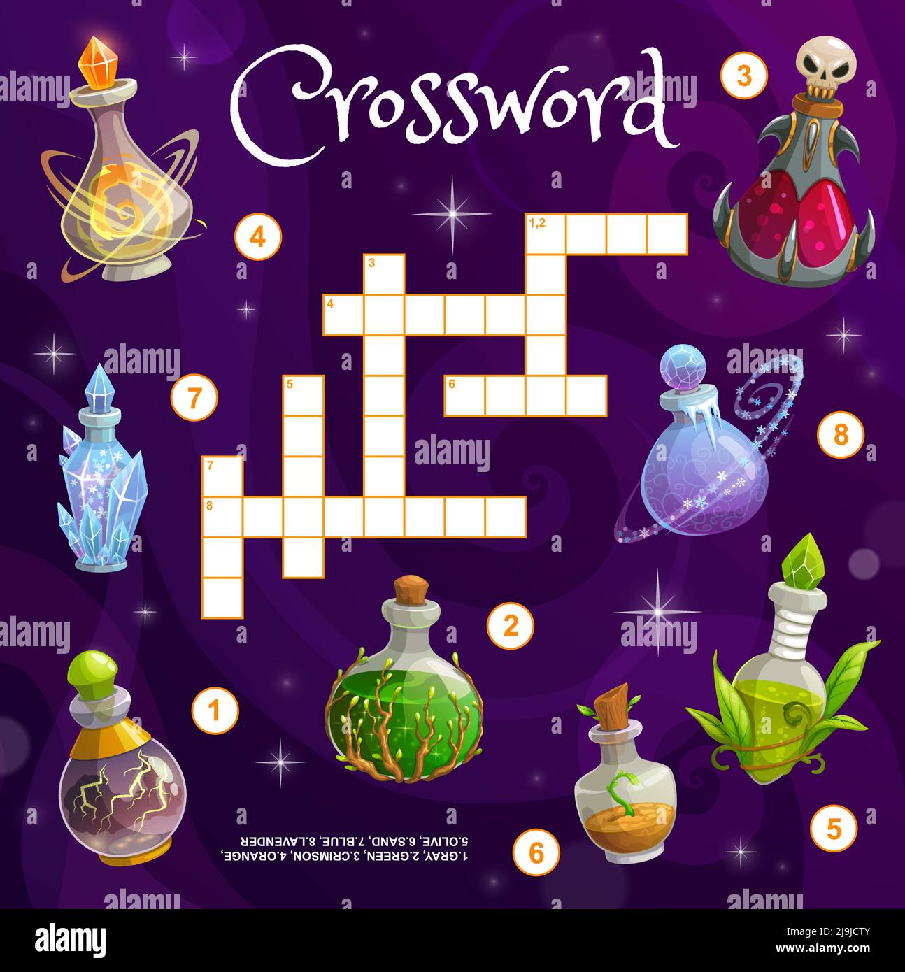 Biberons Magic potion. Tableau de la grille de mots croisés. Trouvez un jeu de quiz de mot, un jeu de texte pour enfants ou un jeu de mots, un jeu de mots croisés pour enfants avec des bouteilles de potions magiques de fantaisie Illustration de Vecteur
