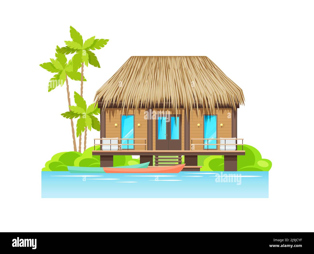 Bungalow moderne extérieur sur l'île au bord de l'eau avec des bateaux garés, architecture vectorielle. Bungalow maison avec toit de chaume de paille de roseaux, cabane d'habitation sur la rivière ou l'océan, chalet tropical avec palmiers Illustration de Vecteur