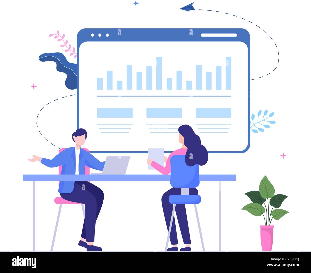 Plan d'affaires consultation en analyse financière, statistiques ou développement pour le rendement de l'entreprise dans l'illustration de dessin animé Illustration de Vecteur