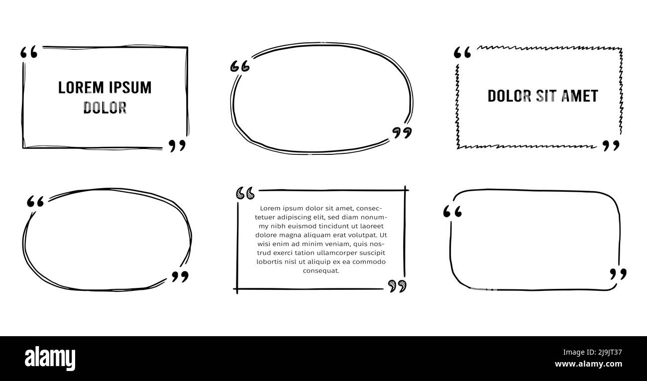 Esquisse de zone de guillemet, ensemble de blocs de texte. Boîte de devis de style de caniche dessinée à la main, bordure de texte avec carré, bulle, forme ronde. Illustration vectorielle. Illustration de Vecteur