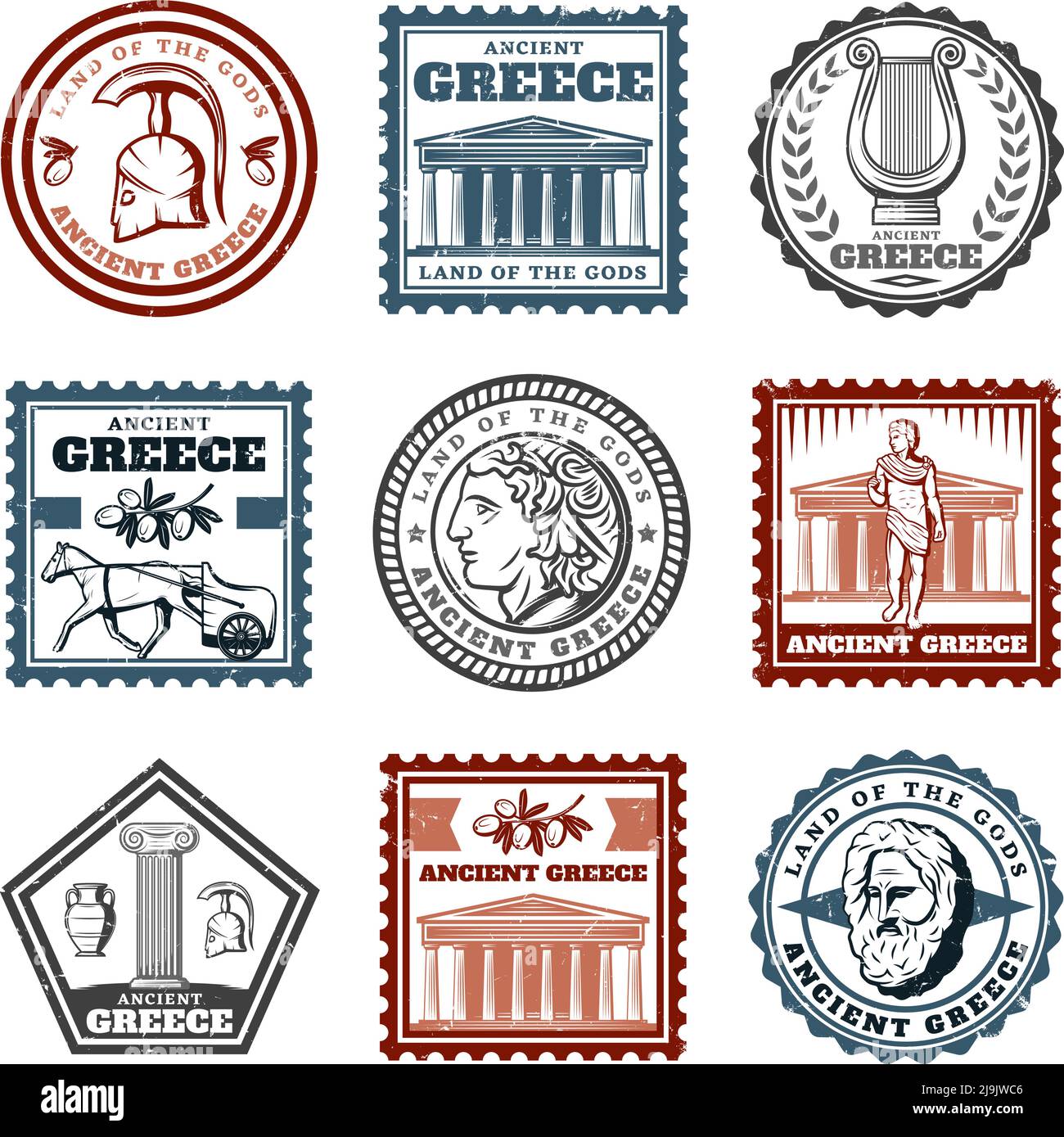 Vintage antique marques grecques ensemble avec casque temple harpe olive char coin colonne philosophe face isolée illustration vectorielle Illustration de Vecteur