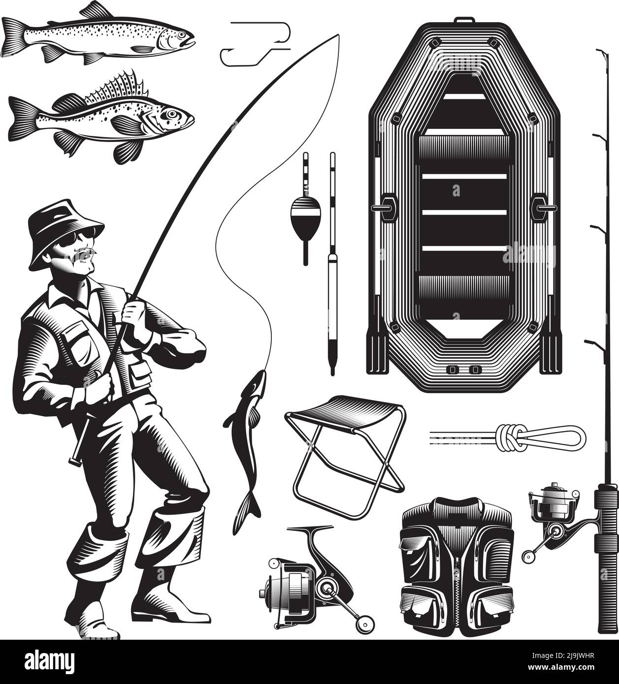 Décor vintage de pêche isolé icône avec pêcheur de style ancien s'attaquer à l'illustration du sanglier pneumatique et d'autres vecteurs d'engrenage Illustration de Vecteur