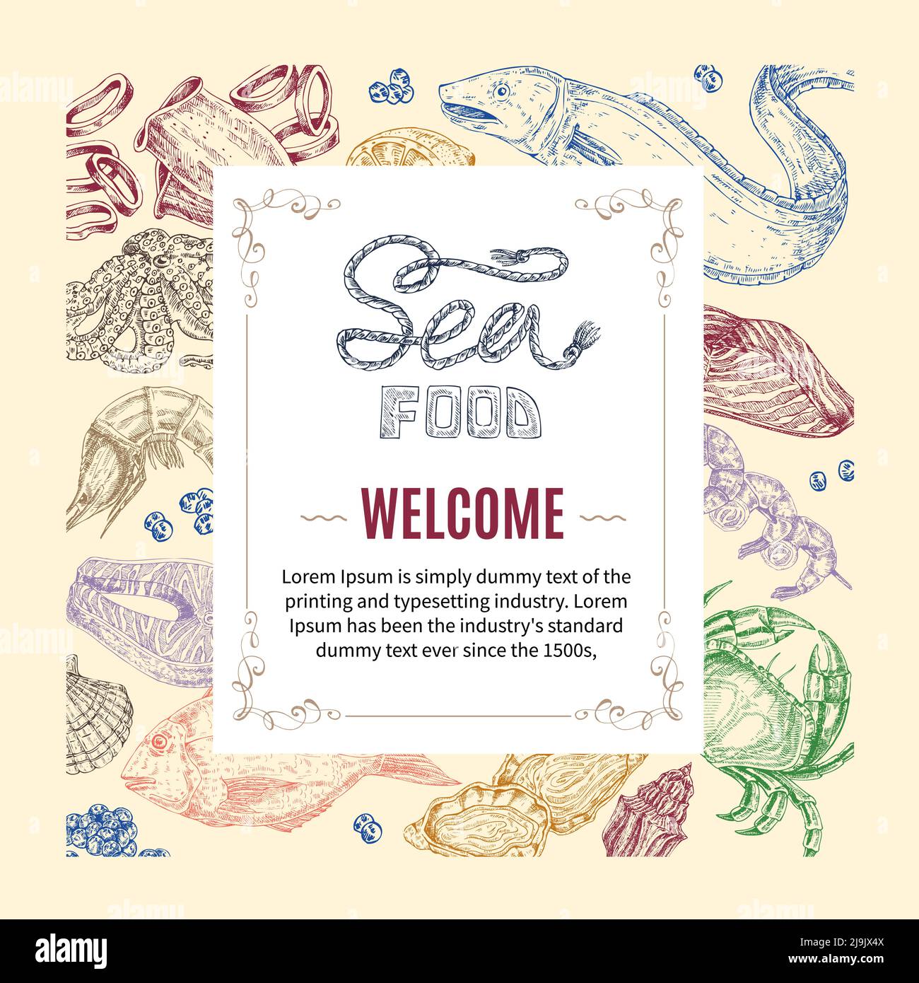 Invitation aux fruits de mer dessinées à la main avec texte typographique orné de cadres illustration vectorielle de motif de produits marins colorés Illustration de Vecteur