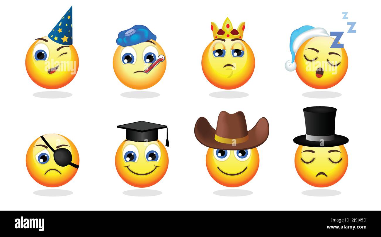 Caricature émoticônes drôles ensemble avec cylindre de cow-boy de nuit de fête gentleman chapeaux chaud couronne graduation chapeau pirate oeil patch vecteur isolé illustrati Illustration de Vecteur