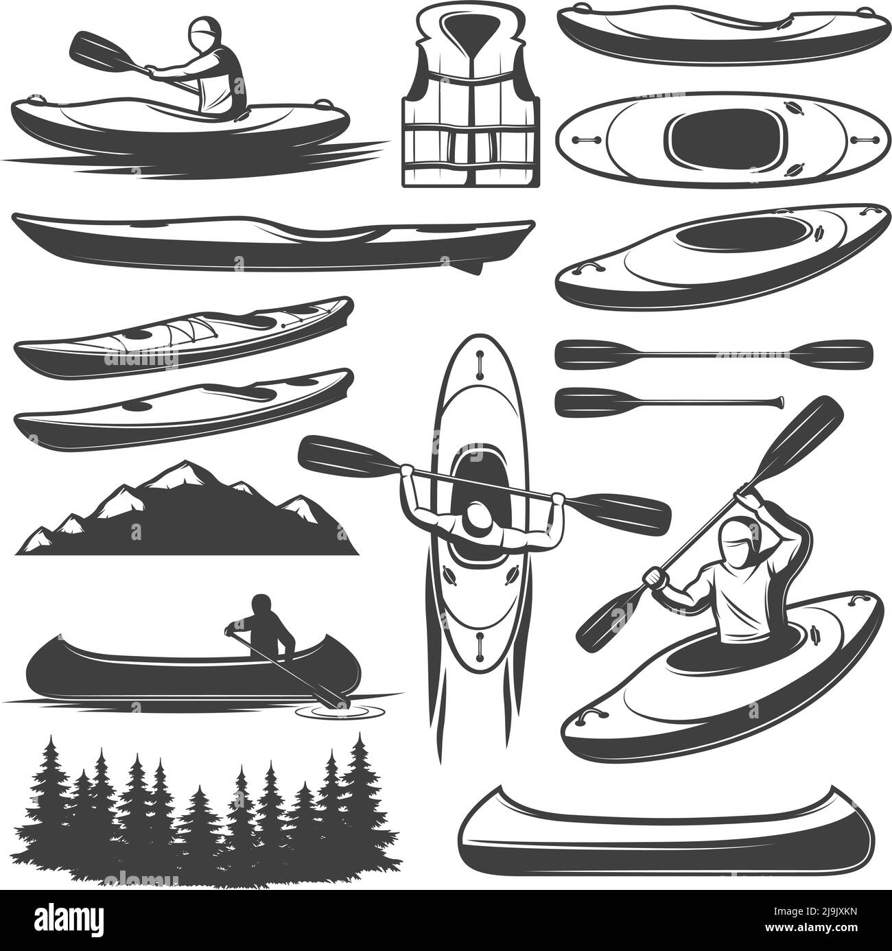 Ensemble d'éléments isolés de canoë-kayak monochrome avec des images vintage illustration vectorielle de nombre de bateaux de rang et d'aviron Illustration de Vecteur