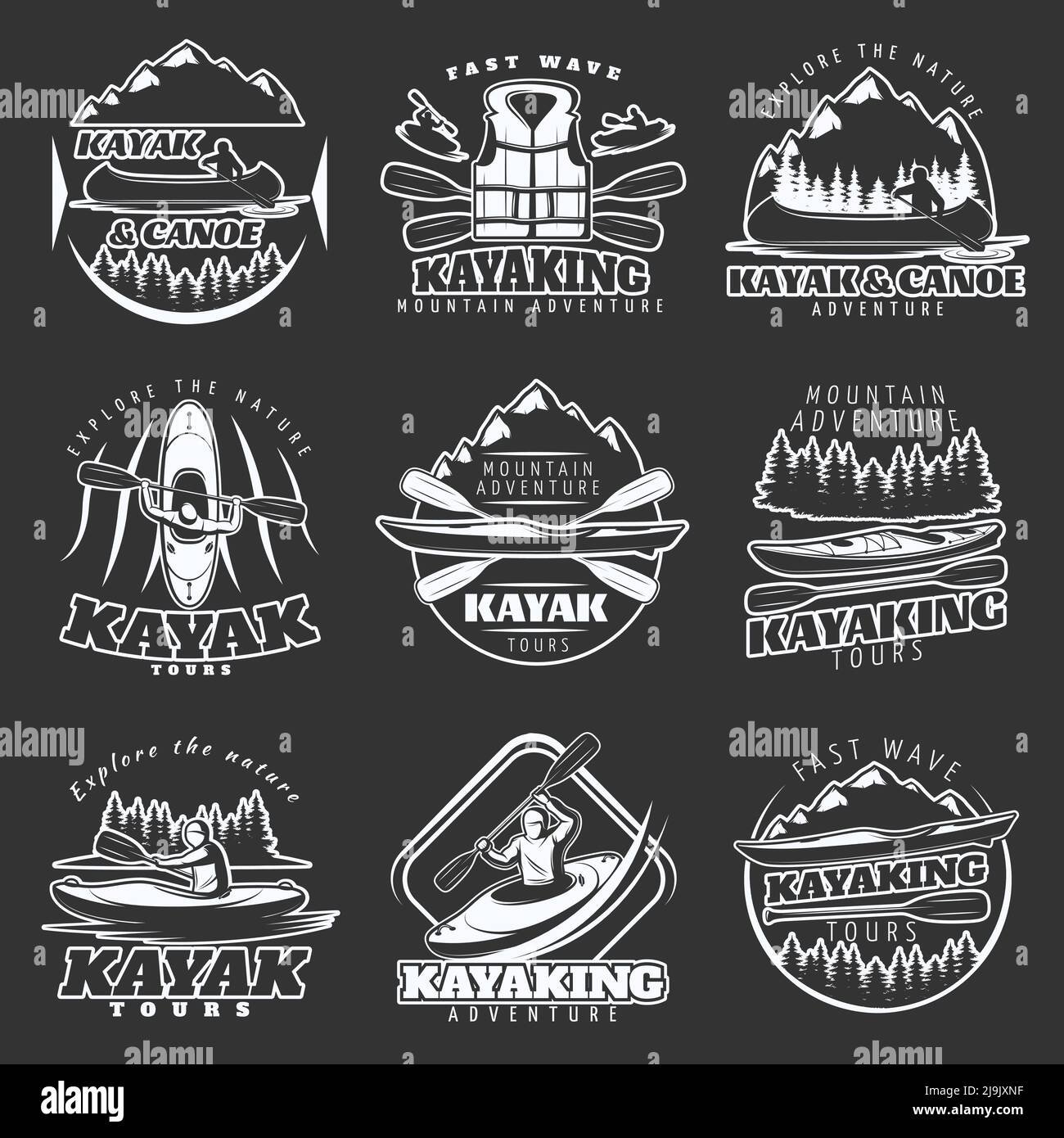 Ensemble de neuf emblèmes isolés de canoë et de kayak de montagne aventure tours blanc sur fond sombre illustration vectorielle Illustration de Vecteur