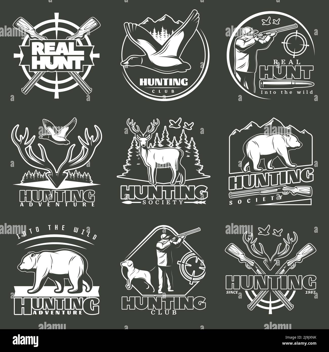 Ensemble de neuf emblèmes de chasse isolés avec animaux sauvages et symboles d'oiseaux figures de chasseurs et illustration du vecteur de trophées Illustration de Vecteur