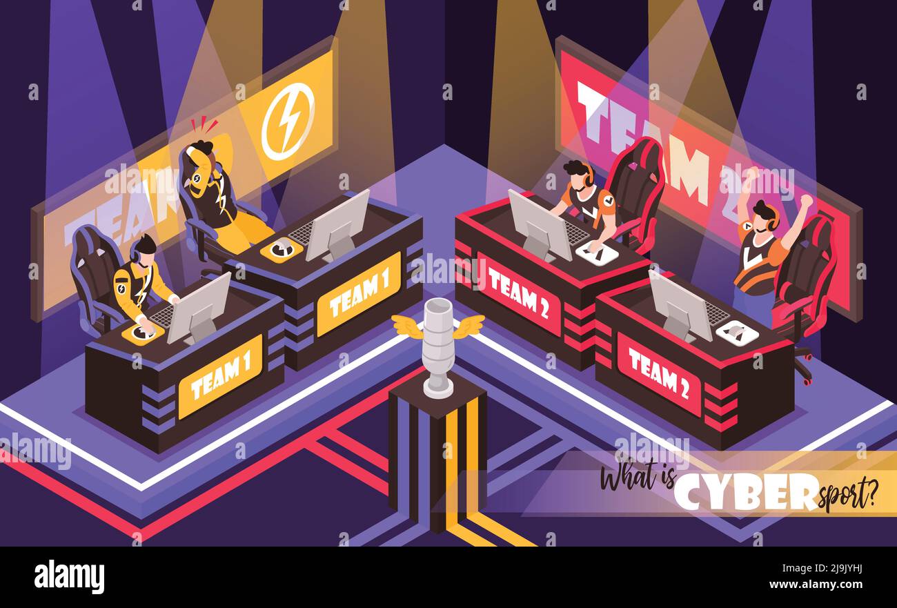 L'équipe de cybersport combat les compositions isométriques avec des joueurs en compétition jeux vidéo sous les projecteurs illustrations vectorielles colorées Illustration de Vecteur