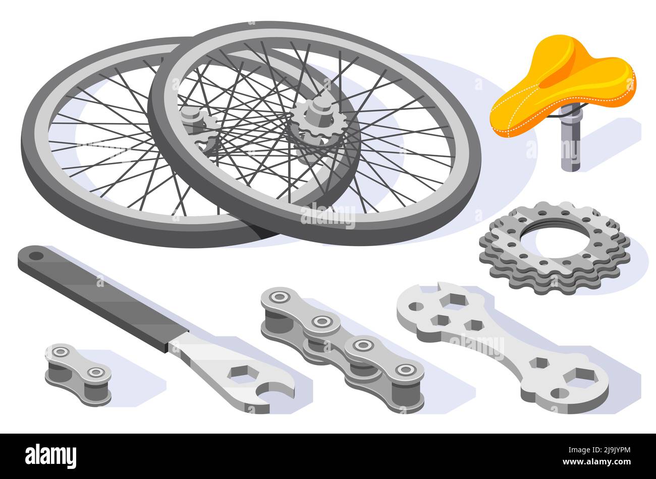 Réparation de vélo outils d'entretien pièces de rechange accessoires Isométrique jeu avec illustration vectorielle isolée des clés à selle pour roues Illustration de Vecteur