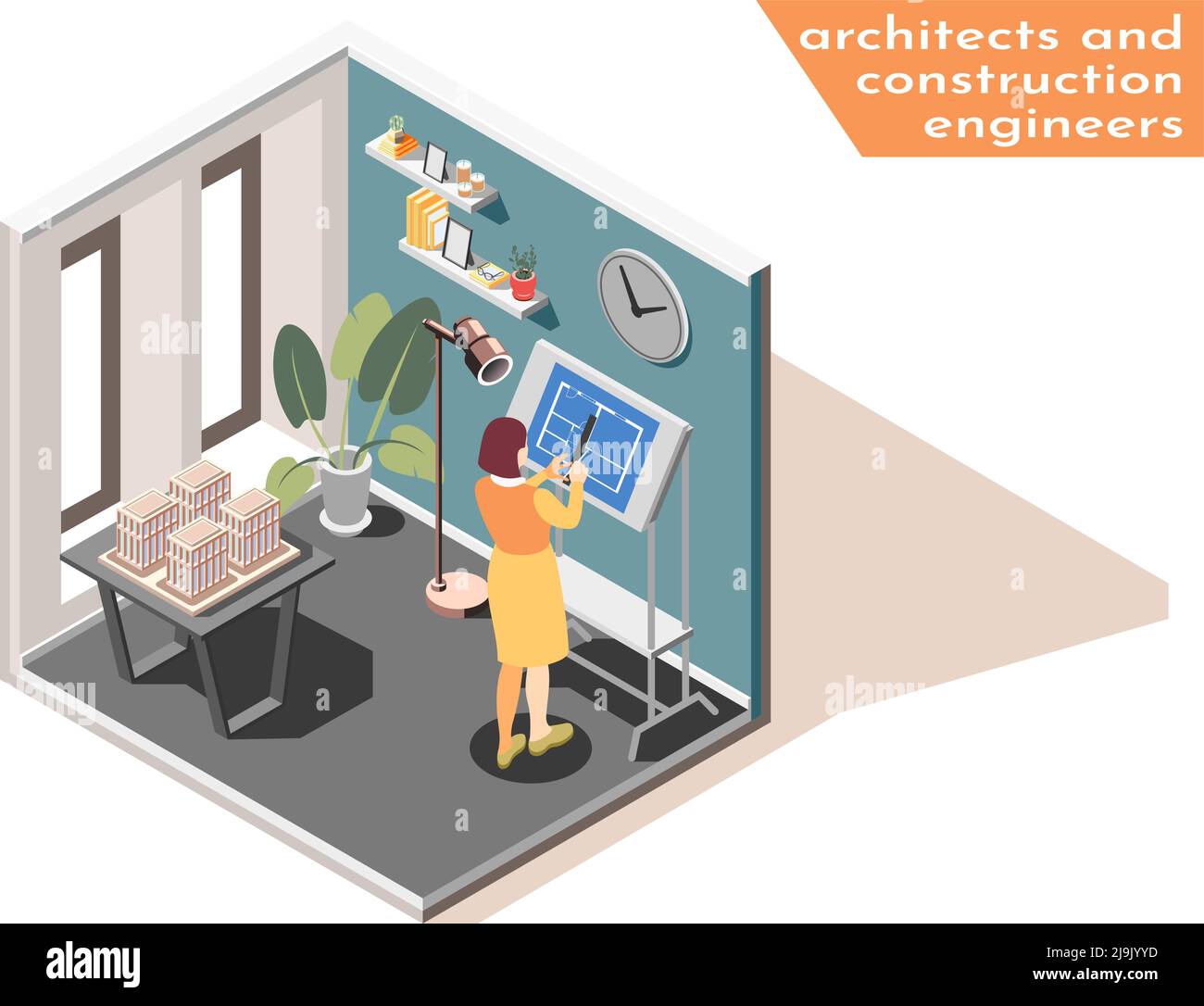 Femme architecte ingénieur à la planche à dessin dans bureau esquissant bleu imprimer l'illustration du vecteur de composition isométrique du plan de construction Illustration de Vecteur