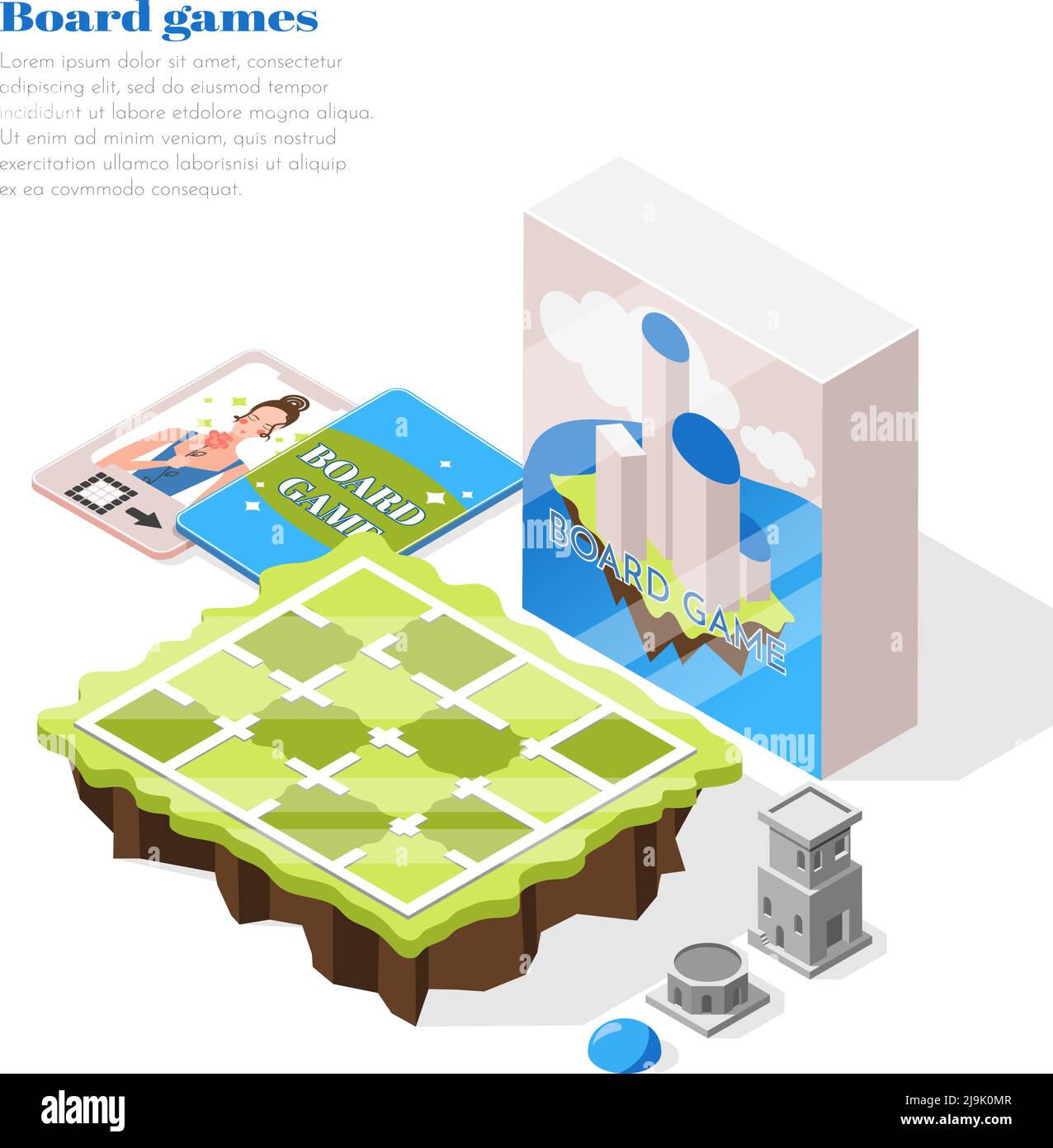 Jeux de société fond isométrique avec terrain de jeu emballage boîte et brochure avec illustration vectorielle de description Illustration de Vecteur