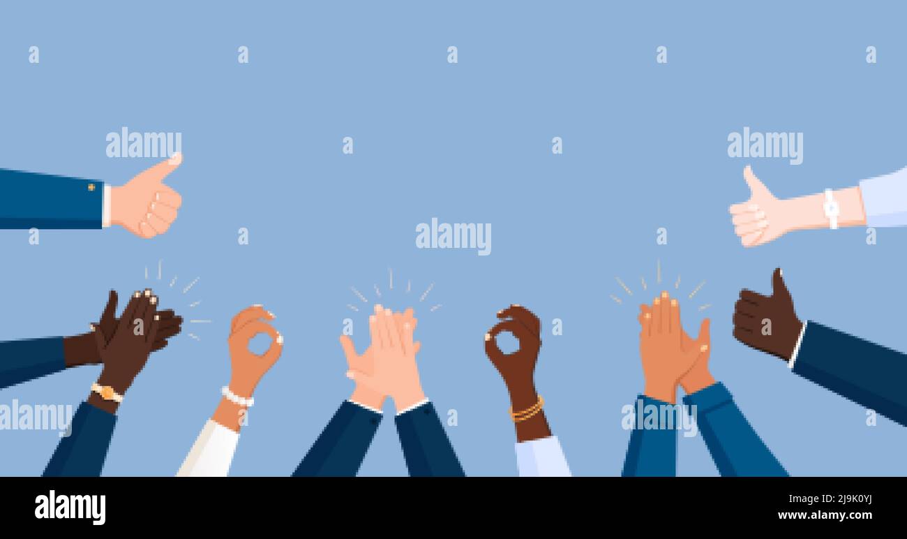 Applaudir les mains d'affaires de coeur ok applaudir la composition de cadre plat avec les employés de bureau sont les mains humaines de l'illustration à vecteur couleur Illustration de Vecteur