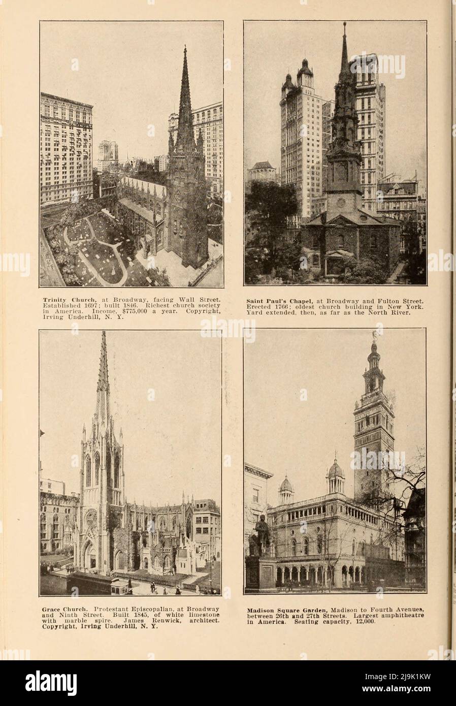 Trinity Church; Saint Paul's Chapel; Grace Church; Madison Square Garden du livre ' New York Illustrated ' Date de publication 1916 Editeur New York : Success postal Card Co Banque D'Images