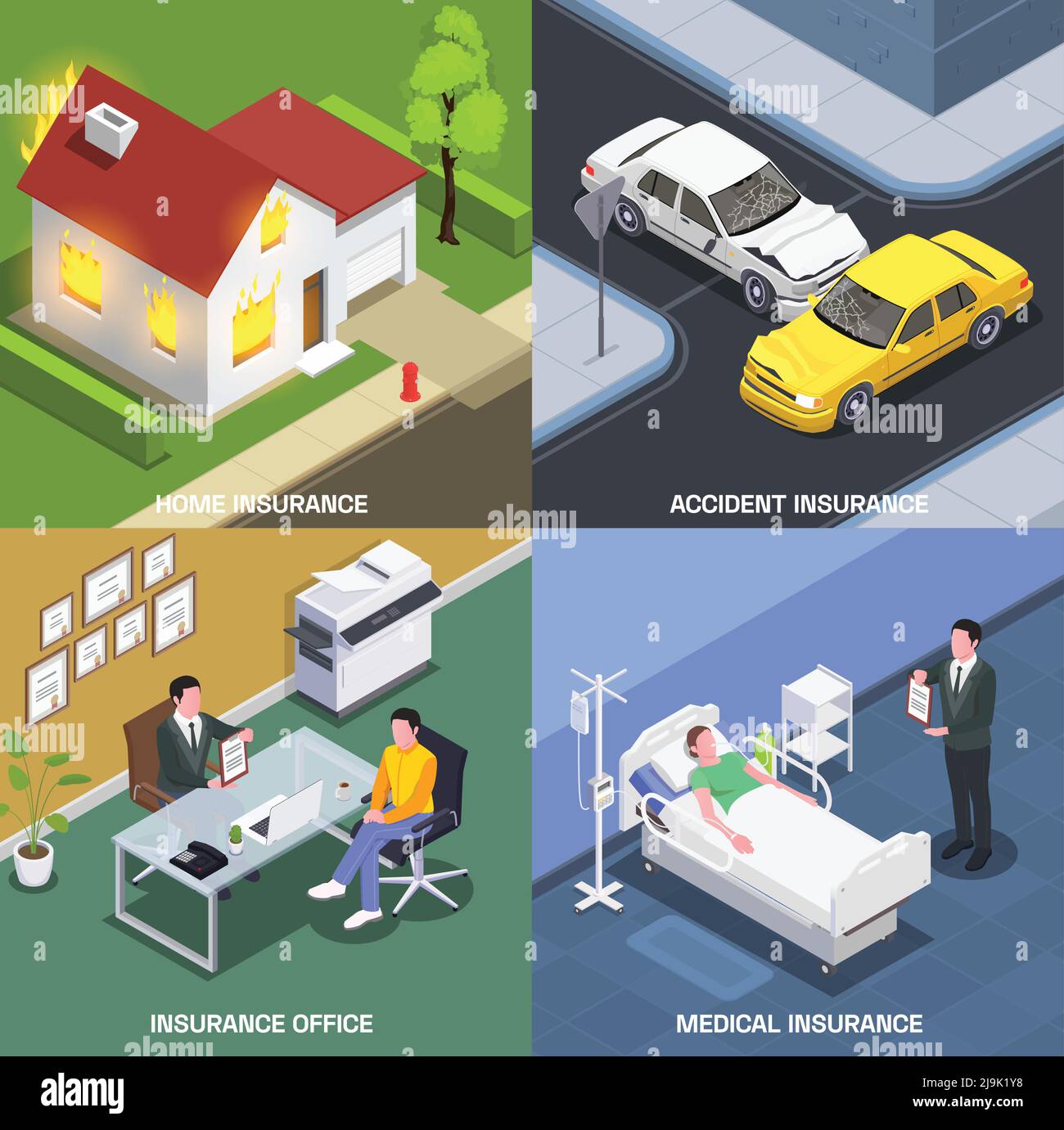 Concept de conception isométrique d'assurance avec ensemble de compositions carrées avec illustration d'un vecteur d'accident soudain et d'un hôpital de bureau d'agents Illustration de Vecteur