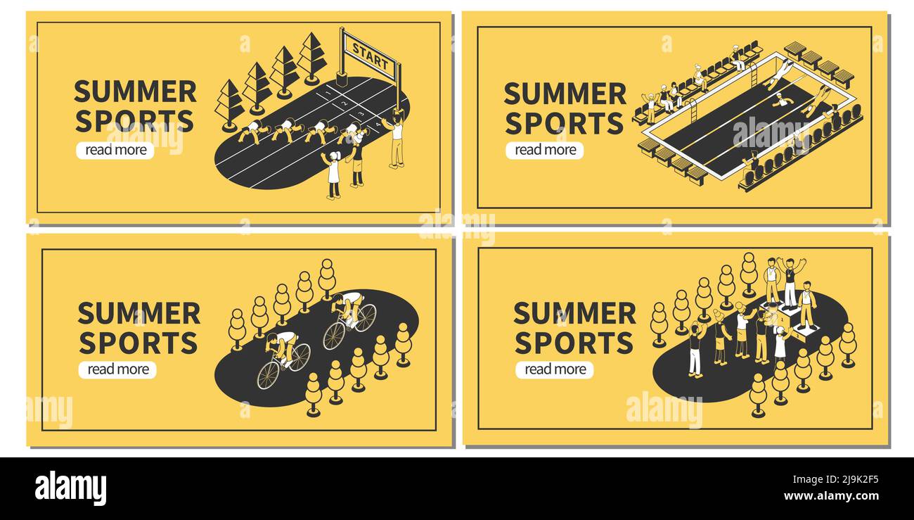 Jeu de bannières horizontales avec texte modifiable pour les compétitions sportives d'été lire l'illustration vectorielle des boutons et des images isométriques Illustration de Vecteur
