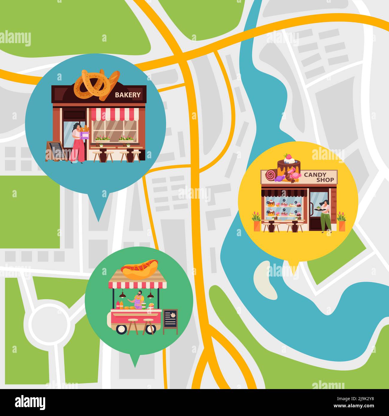 Arrière-plan pour les petites entreprises avec plan de la ville et symboles d'emplacement à plat illustration vectorielle Illustration de Vecteur