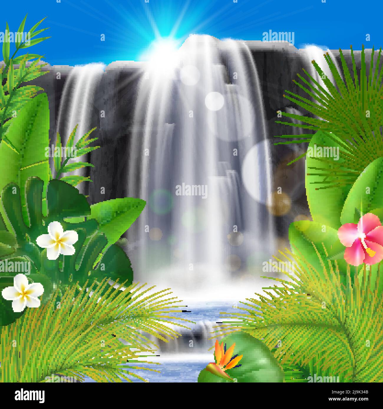 Composition réaliste d'arrière-plan de cascade tropicale avec feuilles exotiques de paysage extérieur avec fleurs soleil et ciel clair illustration vectorielle Illustration de Vecteur