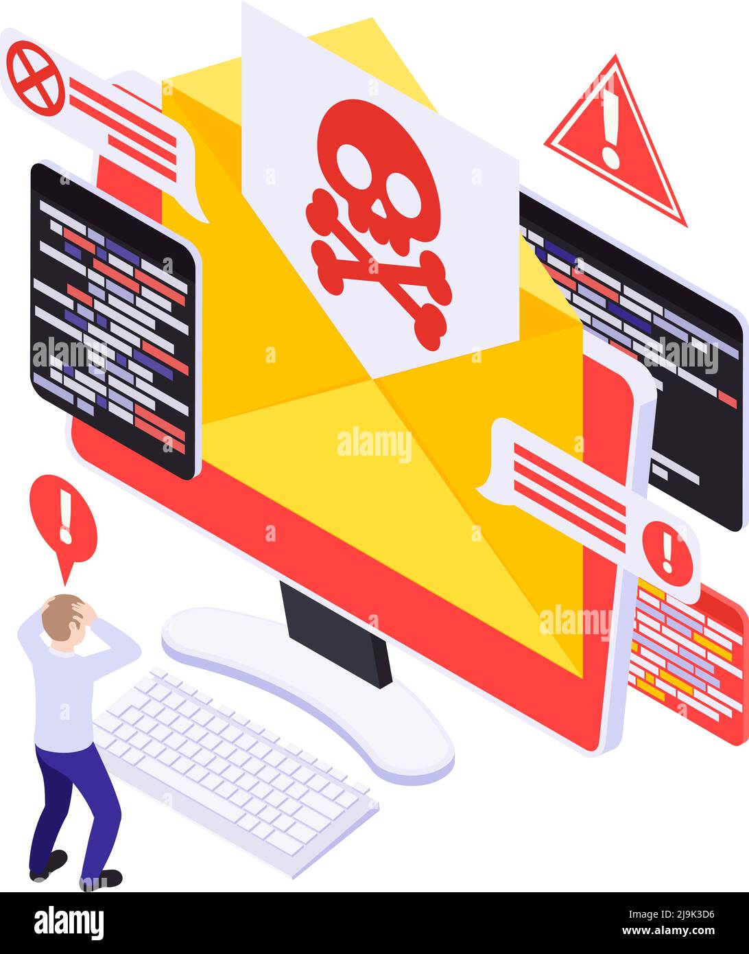 Concept de conception isométrique de cyber-sécurité avec enveloppe postale et e-mail illustration du vecteur des logiciels espions et des signes d'avertissement Illustration de Vecteur