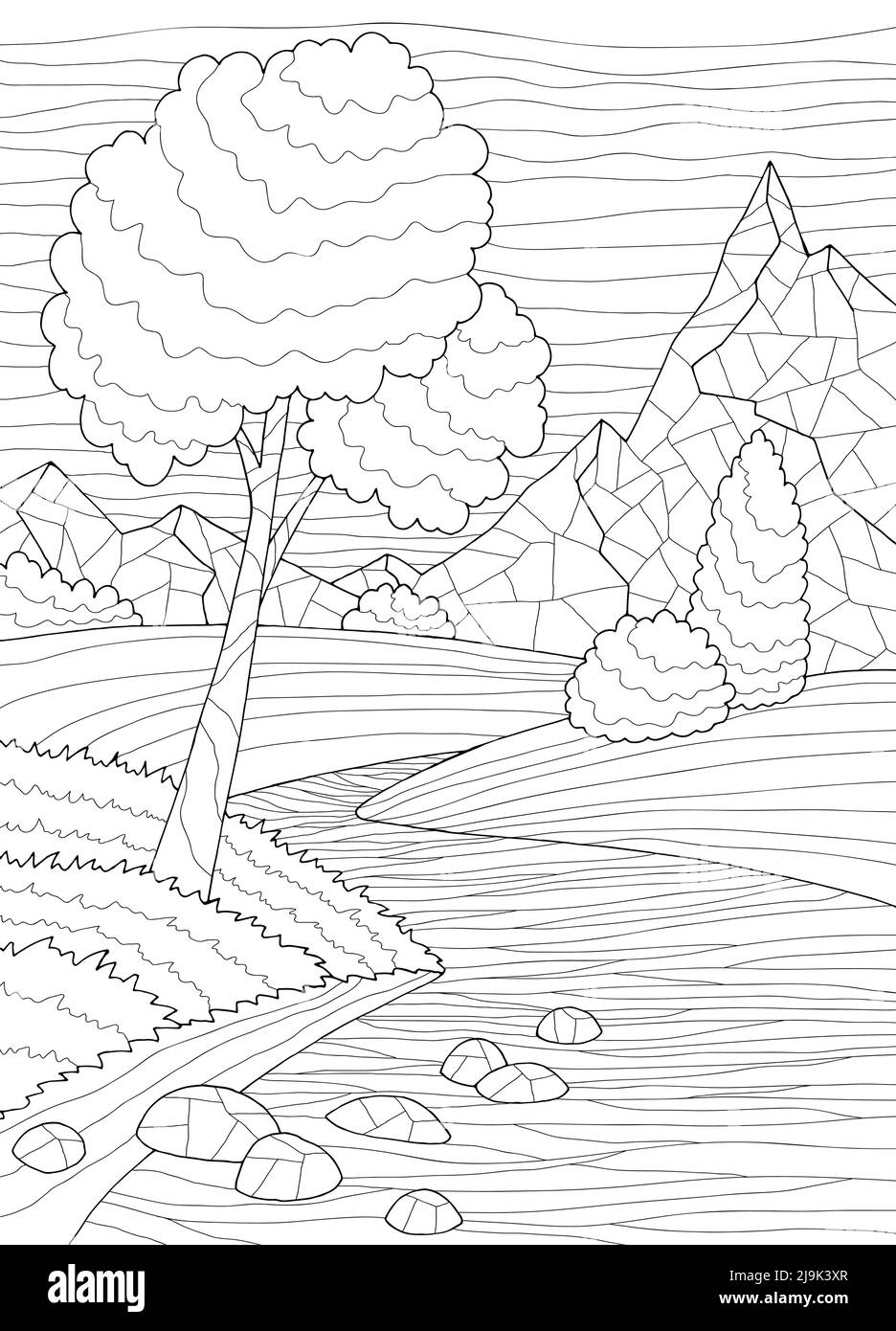Mountain River coloriage graphique noir blanc vertical paysage dessin illustration vecteur Illustration de Vecteur