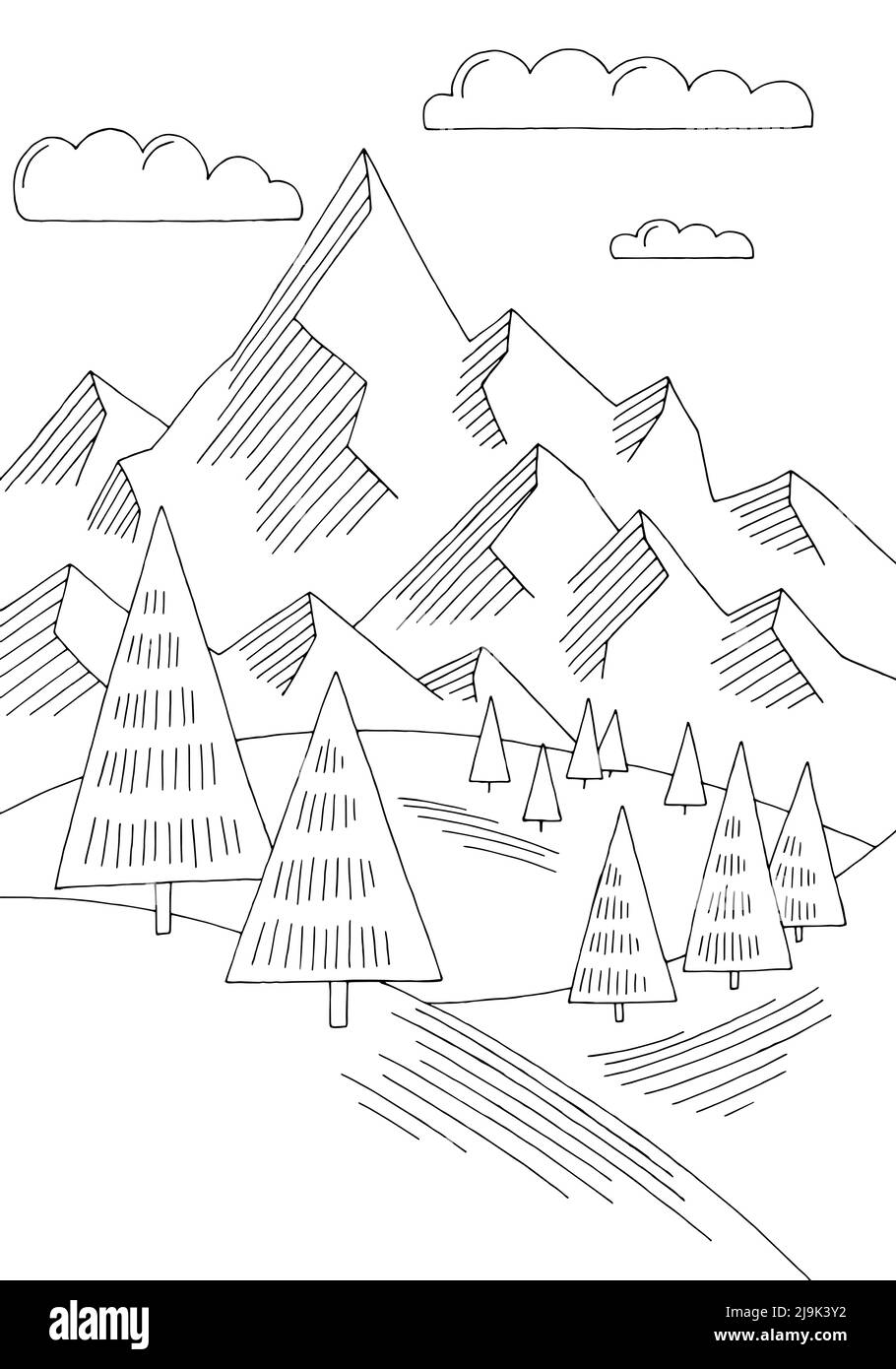 Mountain Hill Simplicity graphique noir blanc vertical paysage dessin illustration vecteur Illustration de Vecteur