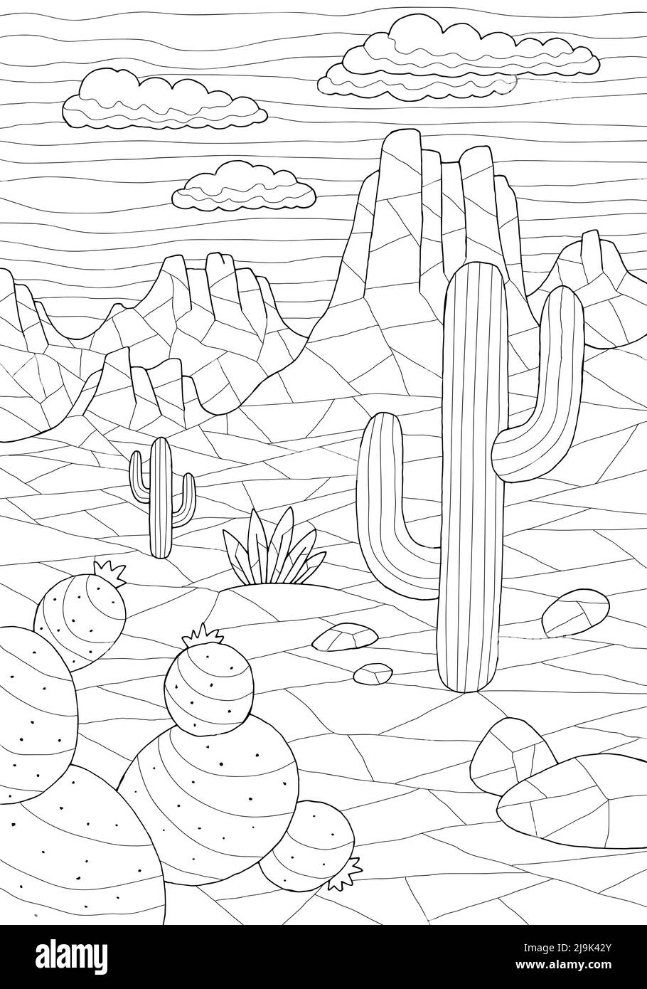 Prairie coloriage graphique noir blanc désert vertical paysage esquisse illustration vecteur Illustration de Vecteur