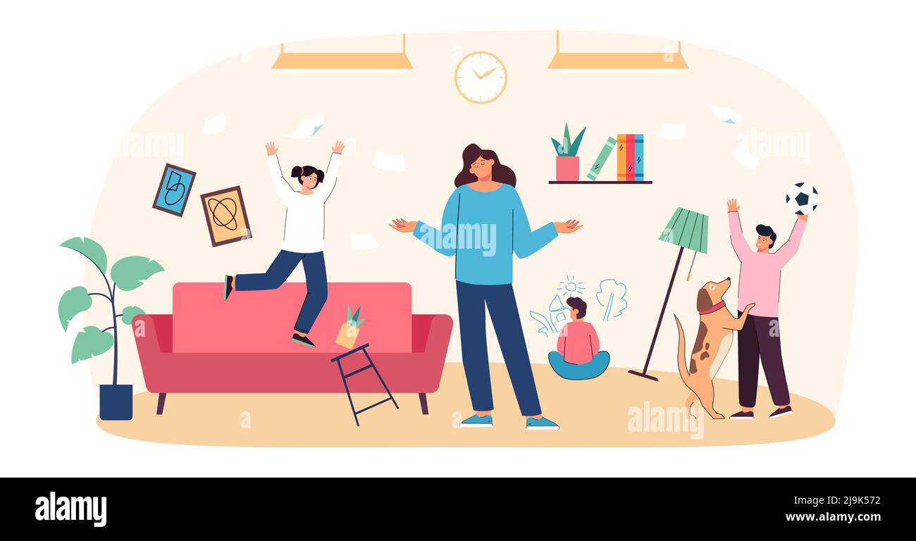Chaos dans la chambre avec une mère calme et d'adorables enfants méchants. Femme avec illustrations vectorielles plates pour enfants espiègle. Famille, concept de maternité Illustration de Vecteur