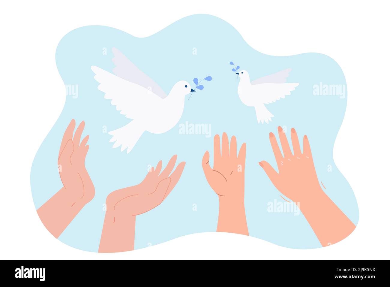 Colombes volant avec branche d'olive des mains dans le ciel. Illustration vectorielle plate de la prière des peuples pour la paix et la liberté. L'espoir, l'aide, le symbole spirituel concep Illustration de Vecteur