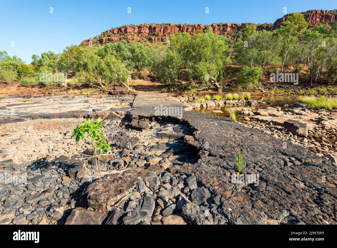 Vue sur l'ancienne traversée de la rivière Victoria, une attraction touristique du parc national Gregory, territoire du Nord, territoire du Nord, Australie Banque D'Images