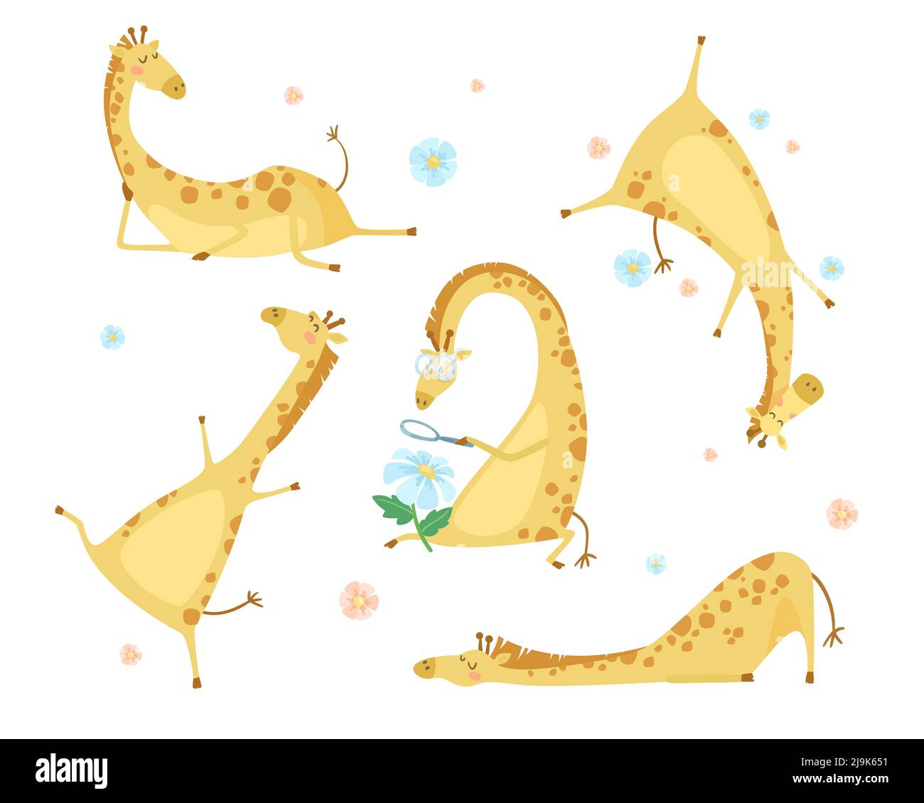 Girafes drôles avec fleurs ensemble d'illustrations de dessin animé. Adorables animaux sauvages heureux avec des lunettes coulant, assis, regardant la fleur à travers le grossissant gla Illustration de Vecteur