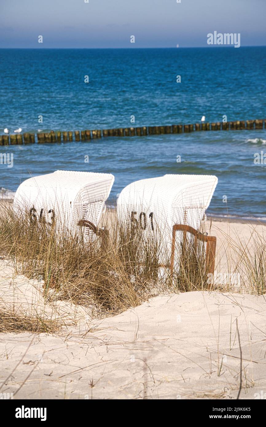 Chaise de plage sur la plage de la mer Baltique à Zingst. Soleil, ciel bleu et loisirs au bord de la mer. Sable et vagues dans la nature. Photo de paysage de l'Allemagne Banque D'Images