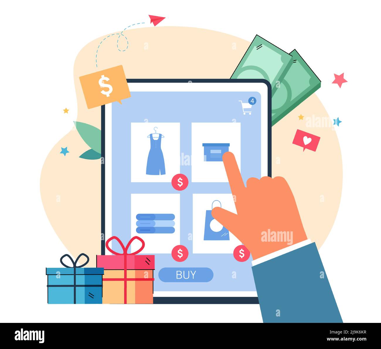 Main de la catégorie de sélection du client dans la boutique en ligne. Tablette avec boutique de vêtements en ligne sur l'écran plat illustration vectorielle. Vente, achats en ligne, ecomm Illustration de Vecteur