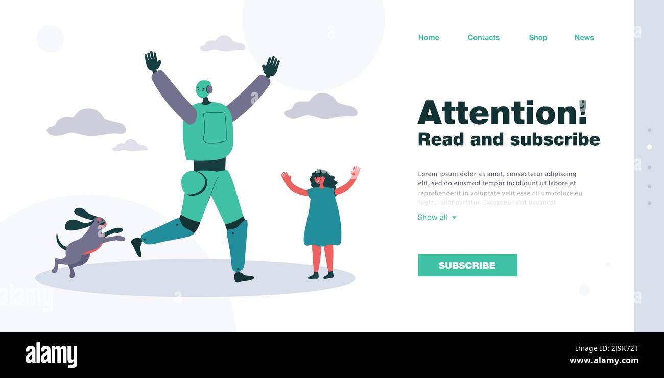 Robot, chien et fille s'amusant sur pelouse illustration vectorielle plate. Activité extérieure, cyborg, technologie et concept d'intelligence artificielle pour bannière, Illustration de Vecteur