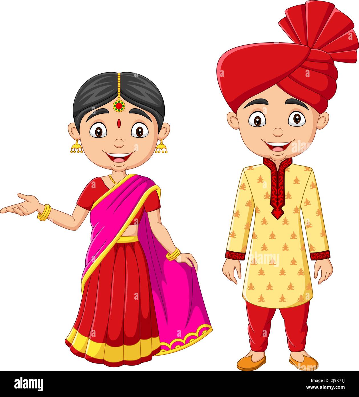 Caricature indienne homme et femme en costume traditionnel Illustration de Vecteur