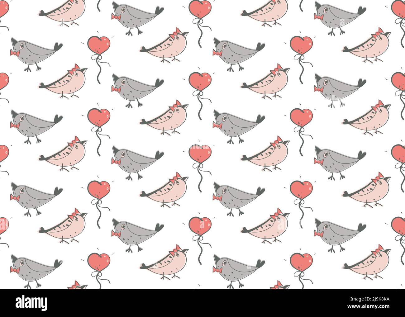 Motif oiseaux sans coutures. Éléments dessinés à la main, ballon, coeur, dessin animé. Palette de couleurs gris et rose. Blanc facile à modifier Illustration de Vecteur