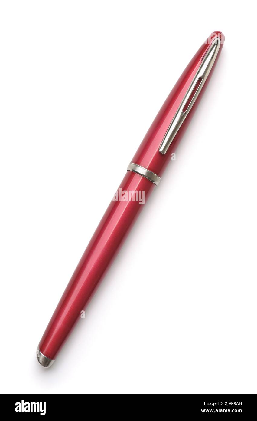 Vue de dessus du stylo plume rouge fermé isolé sur blanc Banque D'Images