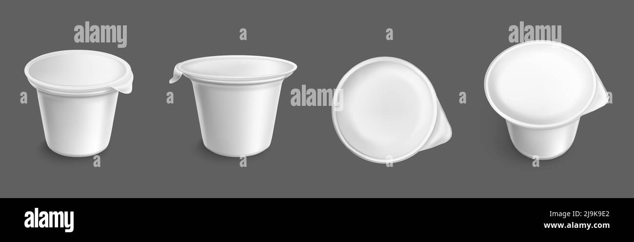 Contenant en plastique blanc pour le yaourt, la crème glacée, le dessert laitier. Vector Realistic 3D mockup de tasse vierge avec couvercle fermé pour le yaourt, les produits laitiers, la confiture ou le fromage dans la vue latérale et de dessus Illustration de Vecteur