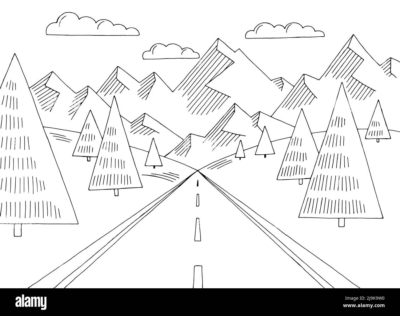 Route de montagne simple graphique noir blanc paysage dessin vecteur d'illustration Illustration de Vecteur