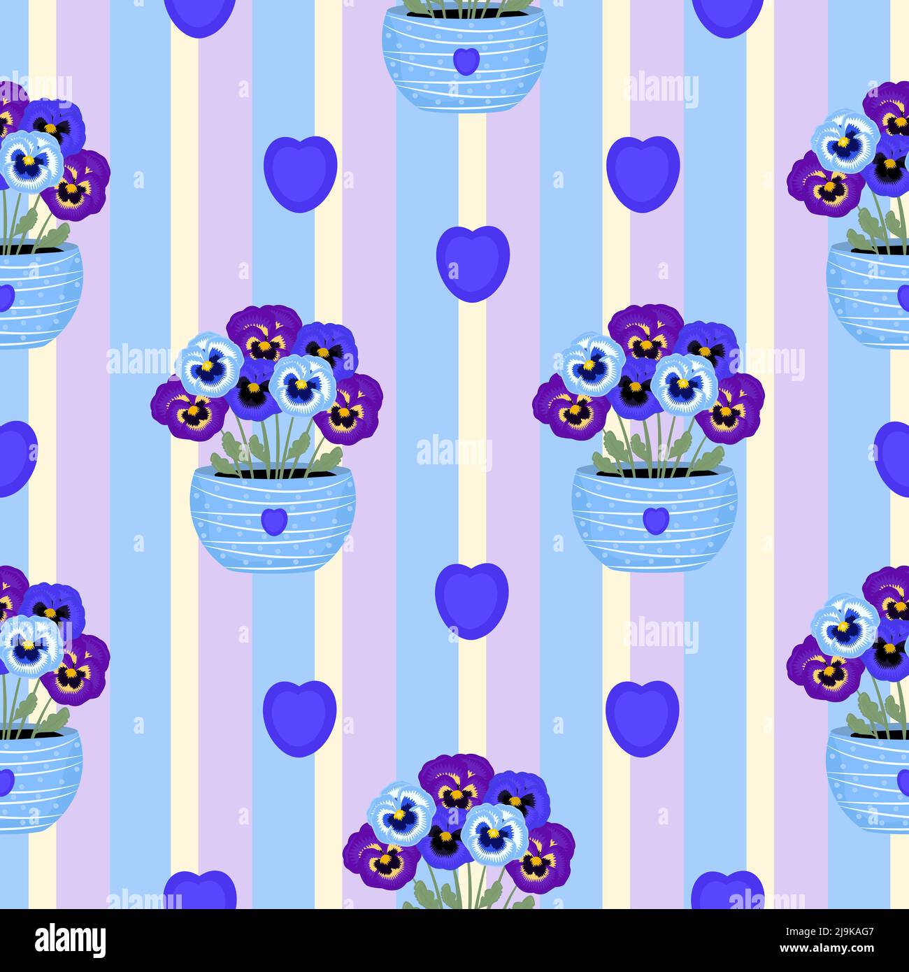 Pansies bleues et violettes en pots, motif rayé sans couture Illustration de Vecteur