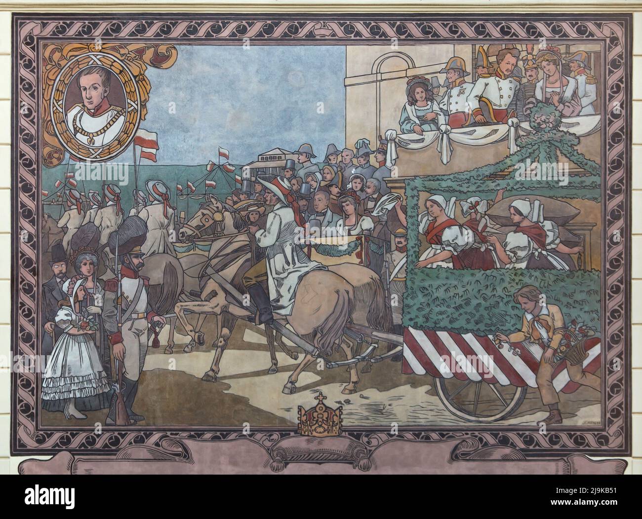 Célébration à l'occasion du couronnement du roi Ferdinand V de Bohême (Ferdinand le bienveillant) dans l'Invalidovna le 14 septembre 1834. Peinture murale des peintres tchèques Karel Ludvík Klusáček et Jan Köhler (1904-1906) sur le bâtiment de l'école municipale de Karlín dans le district de Karlín à Prague (République tchèque). Banque D'Images