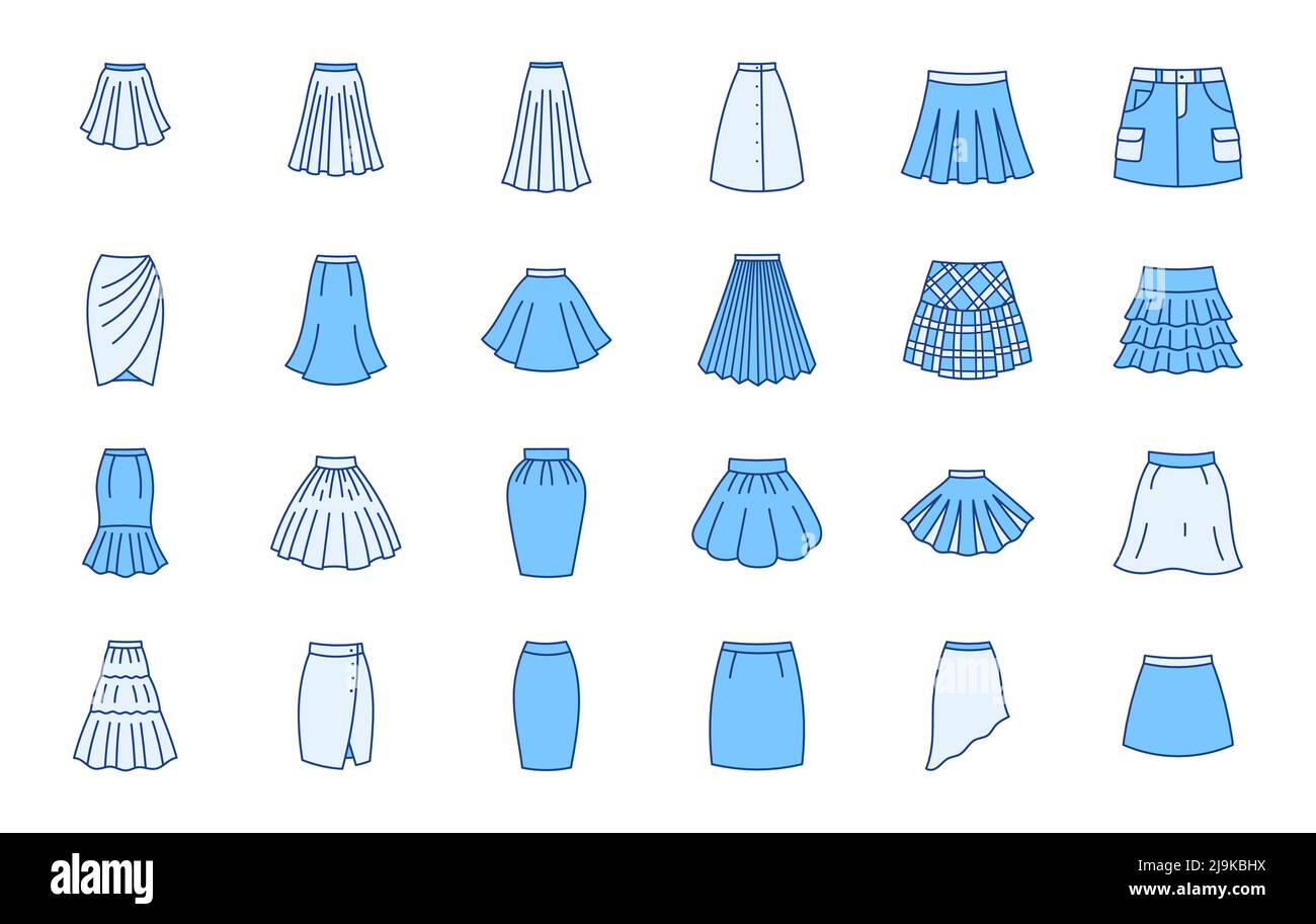 Vêtements jupes doodle illustration comprenant des icônes - cargo, drapé, gré, plisse, kilt, bulle, crayon, jupons asymétriques. L'art sur les traits fins Illustration de Vecteur