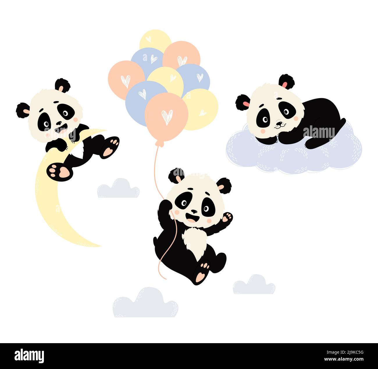 Ensemble de jolis personnages Panda. Panda volant sur des ballons, allongé sur le nuage et suspendu sur la lune. Illustration vectorielle. Adorable animal de style scandinave pour Illustration de Vecteur