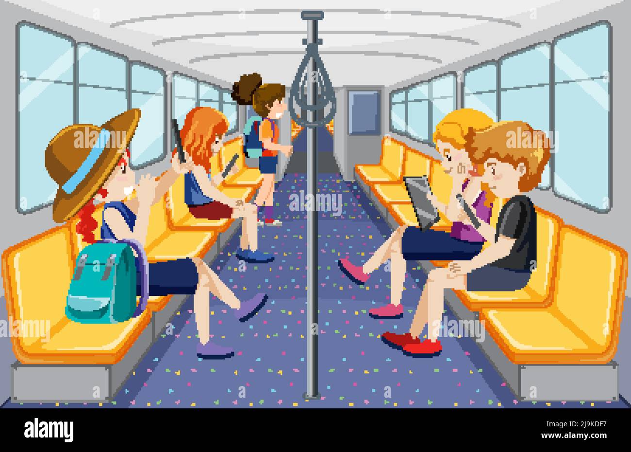Intérieur du bus avec illustration des personnages de dessin animé des passagers Illustration de Vecteur