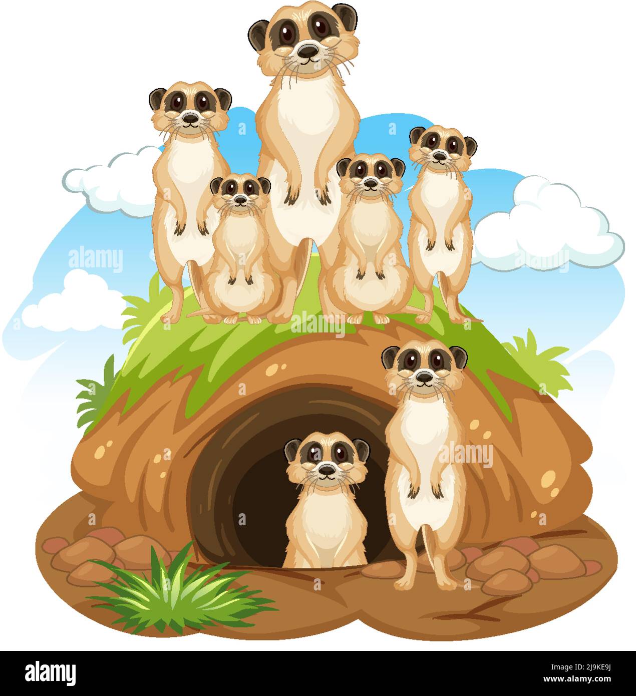 Groupe de meerkats avec le terrier dans l'illustration de style de dessin animé Illustration de Vecteur
