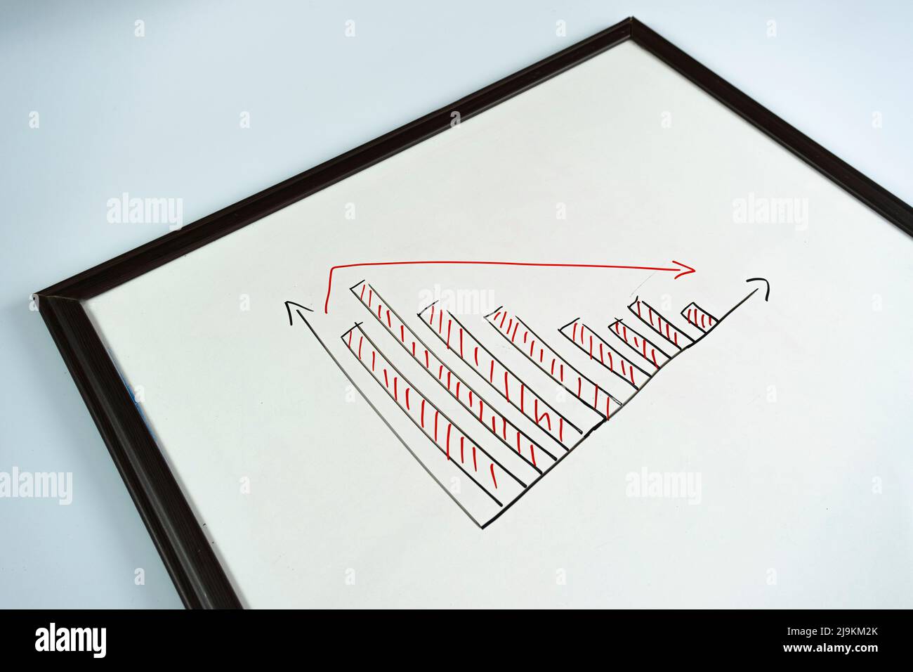 Graphique à barres avec marqueur de couleur rouge noir sur le tableau blanc, réduction de l'idée d'économie, flèche vers le haut et vers le bas graphique, concept de présentation, inflation et profit ex Banque D'Images